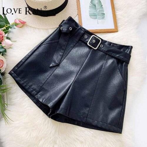 With Belt Black PU Leather Womens Shorts High Waist Straight Zipper Female Shorts 2020 Winter Autumn Cool Casual Ladies Bottom