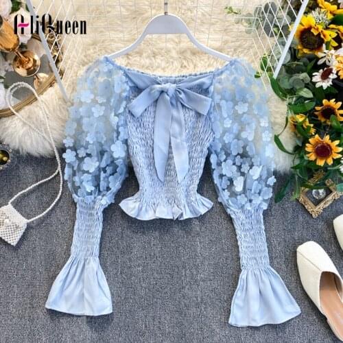 Sexy Off Shoulder Puff Sleeve Bow Crop Tops Women Flower Applique Mesh Blouses Female Summer White Elastic Shirts Camisas Mujer
