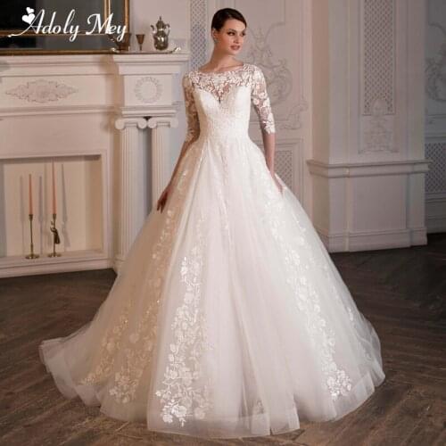 Adoly Mey Gorgeous Appliques Court Train A-Line Wedding Dress 2020 Romantic Scoop Neck Half Sleeve Vintage Bridal Gown Plus Size
