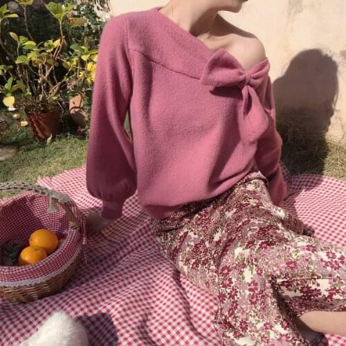 Vintage Stylish Womens Thicken Sweater Solid Color V-neck Butterfly Tie Long Sleeve Pullover Jumpers Fashion Tide Knit Sweaters