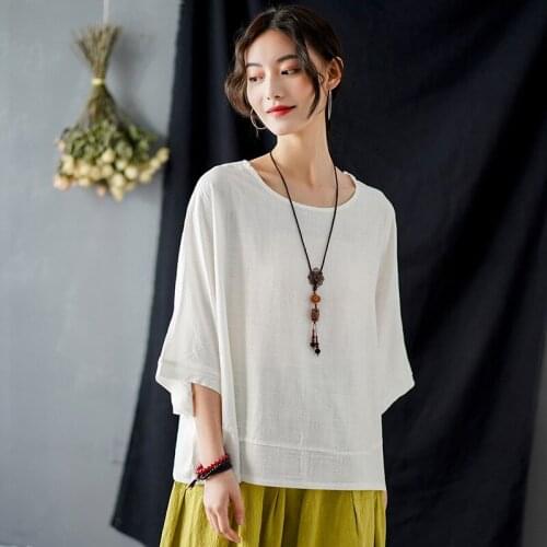 Comfort Women Cotton Linen T-Shirts Solid Color Bat Sleeve 2021 Summer Original O-Neck Vintage Women Clothing Plus Size T-Shirts