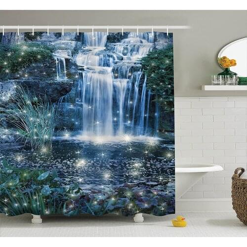 Magic Home Shower Curtain Fairy Fantastic Waterfalls at Night with Alluring Light on The Water Fresh Landscape Bath Curtains