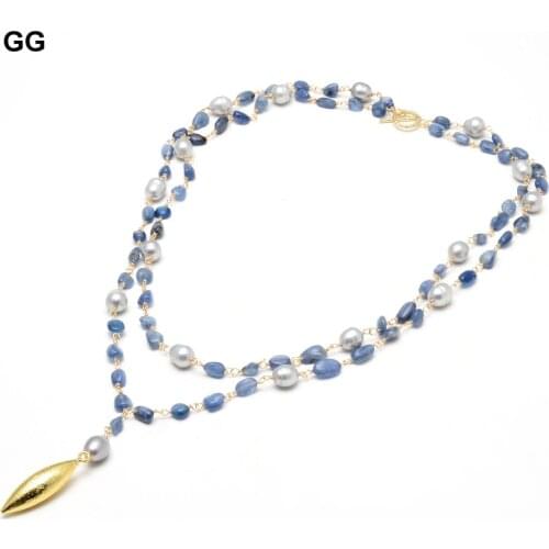 GuaiGuai Jewelry Blue Kyanites Natural Gray Rice Freshwater Pearl Statement Chain Necklace Teardrop Brushed Gold Plated Pendant
