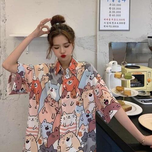Short-Sleeved Shirt Women Summer Retro Loose Top Trend Casual Harajuku Style Short-Sleeved Shirt Fun Cartoon Printed Shirt Men