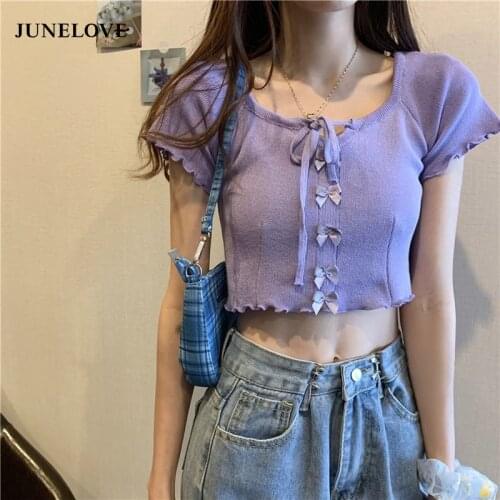 JuneLove Knitted T Shirt Tie Lace-up Bow Design Sexy Crop Top Casual Square Collar Short Sleeve T-shirt Summer Cloths for Women