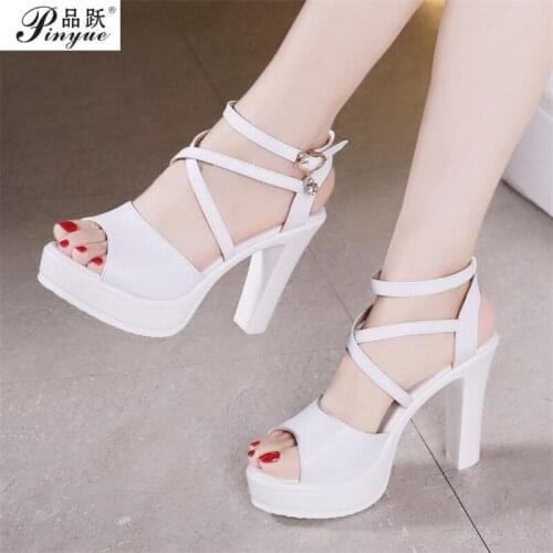 Ladies club new platform thick heel 15cm cross strap club high heel sandals Big yards 34-43
