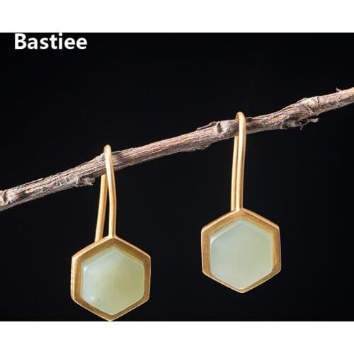 Bastiee Gold Plated Jade Drop Earrings 925 Sterling Silver Jewelry For Women Elegant Hexagon Earings Handmade Jewellery