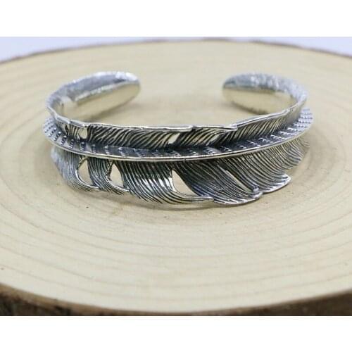 S925 Sterling Silver Retro Thai Silver Punk Style Male And Female Open Ended Feather Takahashi Goro Wide Face Bangle