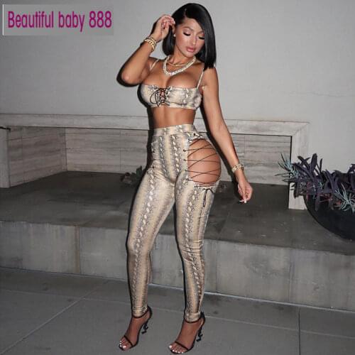 Meqeiss New Stylish Cut Out Hole Snake Print Bandage Two Piece Set Women Sexy Crop Top High Waist Leggings Club Matching Outfits