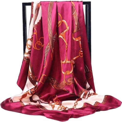 90cm x 90cm Women Flower Belt Pattern Faux Silk Muslim Ramadan Hijab Headband Wrapped Shawl Scarf Cover Silk Satin Scarf Female