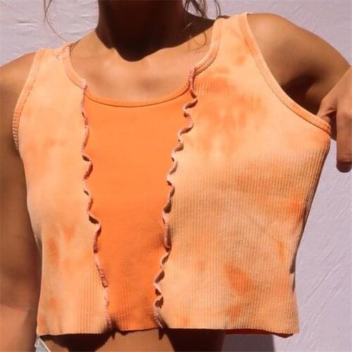 2021 Fashion Tie-dye Patchwork Vest Women Summer Sleeveless Stitching Ribbed Tank Tops Casual Crop Top Female Streetwear