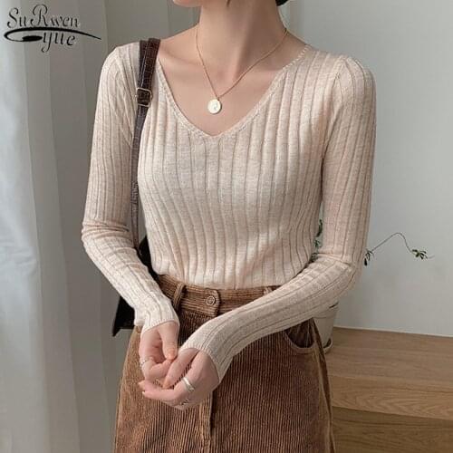2021 Winter Clothes Women Korean V-neck Knitted All-match Sweater Pullover Women Solid Striped Slim Bottoming Sweater 11028