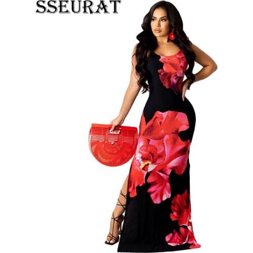 SSEURAT Women Dress Floral Print Sleeveless Strap Backless Loose Split Maxi Long Dresses Fashion Vintage Vestidos Summer Outfit