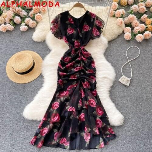 ALPHALMODA 2021 New Luxury Celebrity Chiffon Printed Dress Ruffle Mermaid Dress Women Floral Print Ladies Summer Evening Dress