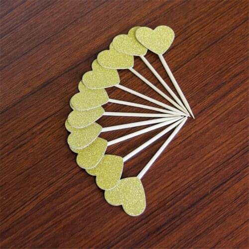 10pcs Lovely Heart Birthday Decorations Cupcake Toppers Picks Kids Party Decor Baby Shower Paper Glitter Cup Cake Topper Gold