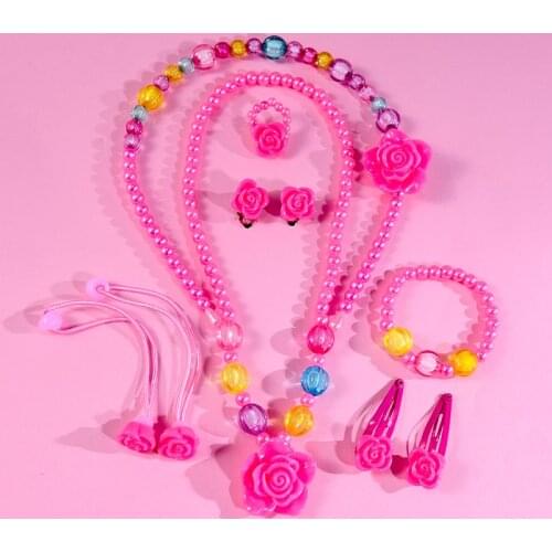 10pcs/pack Cute Children Necklace Hairbands Bracelet Ring Earrings Set Rose Red Flower Collar Bib Beads Girl Hairpin Jewelry