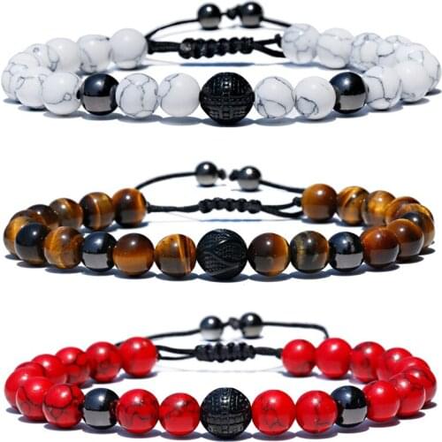 2021 Ethnic Turquoises Beads Weaving Bracelet Men Black Stainless Steel Ball Beads Bracelet Homme Adjustable Dropshipping