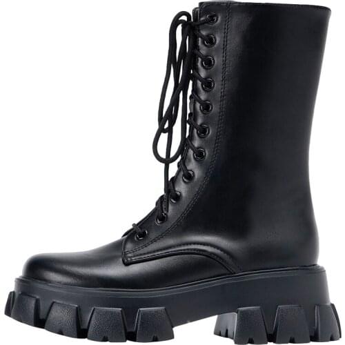 2021 Genuine Leather Martin Boots Womens Mid-Calf Boots Round Toe Motorcycle Boots Thick-soled Mid-heel Lace-up Mid-tube Boots