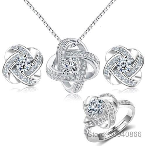 925 Sterling Silver Eternal Heart Twist Zirconia Jewelry Set Silver ecklace Earring Ring Set For Women Wedding Jewelry