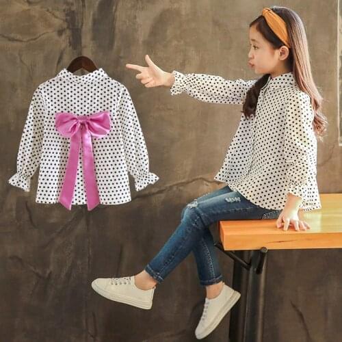 Girls Blouses Spring Autumn Cotton Shirts Dot Kids Long Sleeve Tops Toddler Girls Big Bow Shirt Fashion Clothing 3-13 Years Old