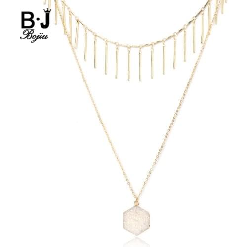 BOJIU 2 Layers Natural Stone Pendant Necklaces For Women Quartz Druzy Shell Crystal Gold Plating Metal Necklace Wholesale NKS269