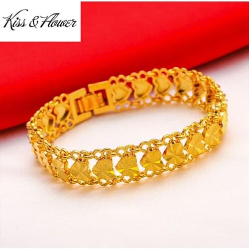 KISS&FLOWER BR163 2021 Fine Jewelry Wholesale Fashion Woman Birthday Wedding Gift Wide Heart Exquisite 24KT Gold Chain Bracelet