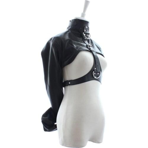 Black BDSM bondage Leather Cupless Straitjacket Adult Games Long Sleeves Straight Jacket Adjustable Fetish Sex Toys For Couples