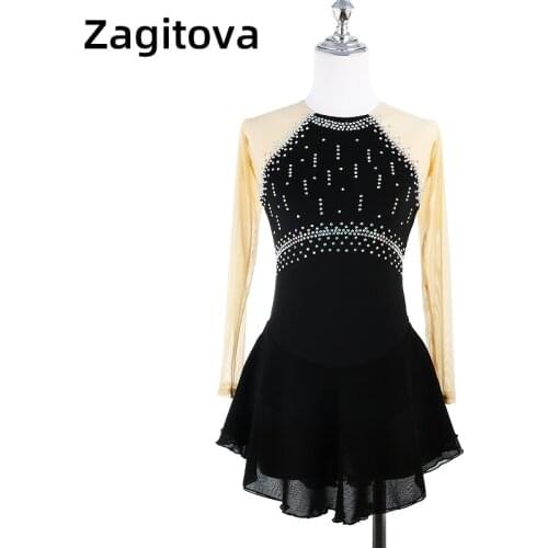Zagitova Black Figure Skating Suit With Long Sleeves Shiny Rhinestone Skating Dress For Girls And Women