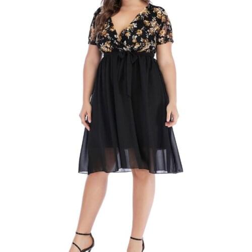 Floral Print Plus Size Women Dress Summer V-Neck Short Sleeve Lace Stitch Chiffon Dress High Waist A-Line Party Dresses