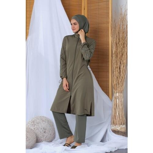 Women Long Sleeve Embroidered Pants Hijab Swimwear 20152 Khaki