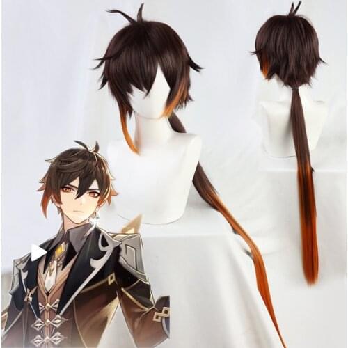 Genshin Impact ZhongLi Cosplay Wig Brown Orange Long Heat Resistant Synthetic Hair Halloween Party Role Play + Free Wig Cap