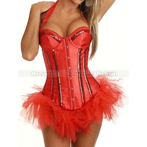 Red Sexy Halter Sequins Overbust Corset Lace Up Bustier + Red TuTu Skirt S M L XL 2XL