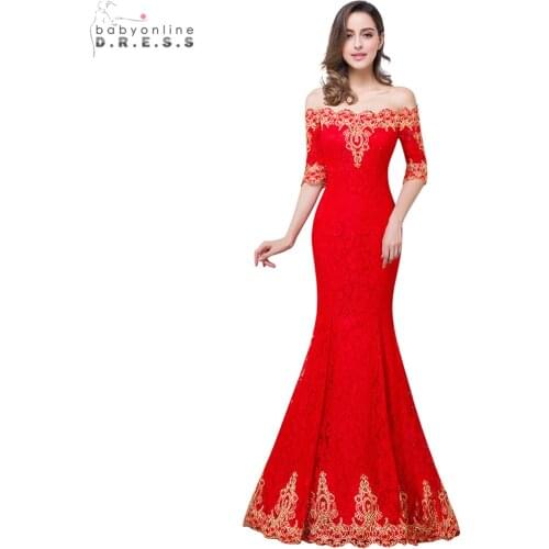 Hot Sale Gold Lace Appliques Red Mermaid Prom Dresses Long Cheap Lace Half Sleeve Prom Dress Vestido de Festa Longo