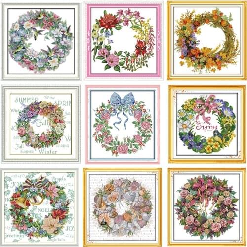 Flower wreath count cross stitch 11CT 14CT white canvas DMC cross stitch set DIY manual cross stitch kit embroidery needlework