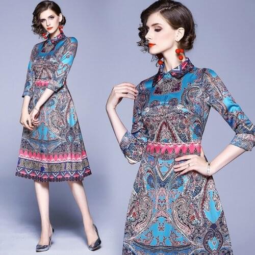 New Spring Summer Fall Runway Floral Print Collar Long Sleeve Button Front Women Ladies Party Casual Beach A-Line Midi Dress