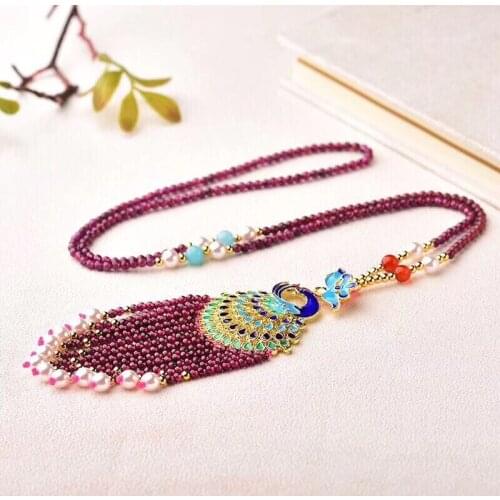 Wholesale European Fashion Birthday Party Wedding Gift Natural Fine Garnet Flower Peacock Tassel Sweater Necklace