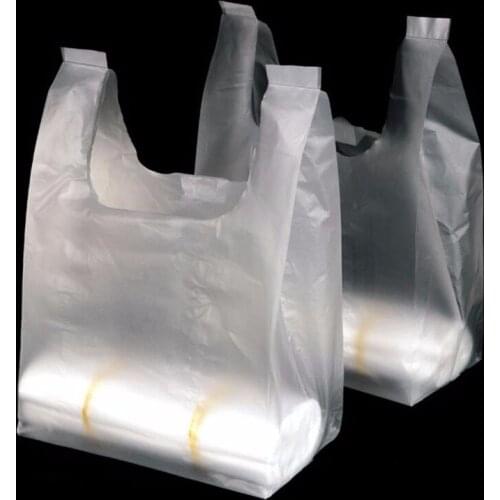 100pcs Recyclable White Plastic Carry Out Shopping Bags, Plain Clear Supermarket Vest Bag with Handle, Household Garbage Bag