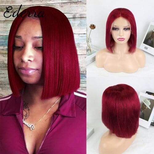 Preplucked Wine Red 99J Short Bob Glueless 13*4 Lace Front Wig For Black Women With Baby Hair Straight Remy 100% Human Hair