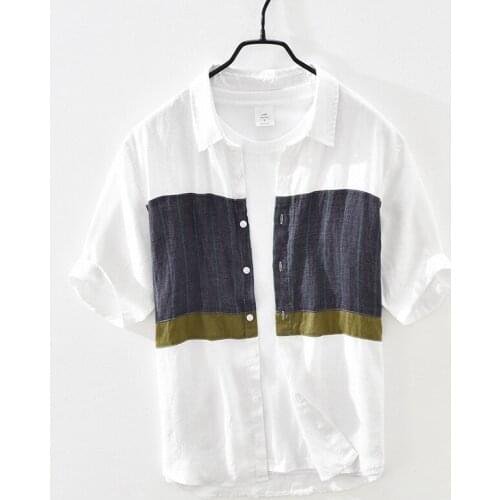 Patchwork Short Sleeve Shirt for Men Summer New White Turn-down Collar Tops Male Thin Section Slim Fit Button Up Clothing