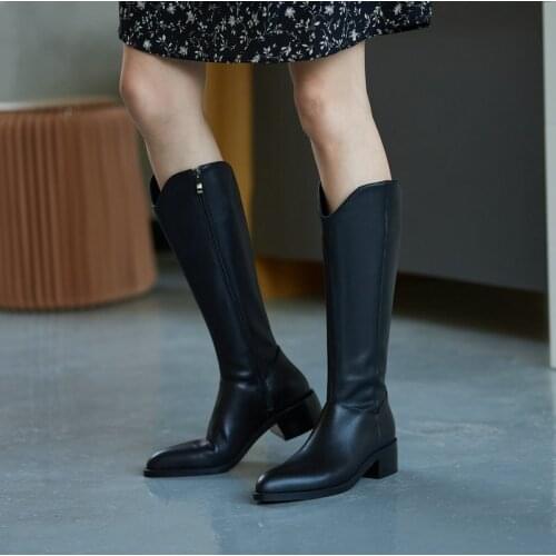 Knee-High Boots High Quality Cow Leather Comfortable Square Heel Round Toe Fashion Zipper Shoes Women New Boots