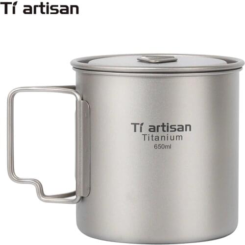Tiartisan 650ml Pot Outdoor Camping Pure Titanium Mug with Folded Handle Lightweight Portable Picnic Cookingwar