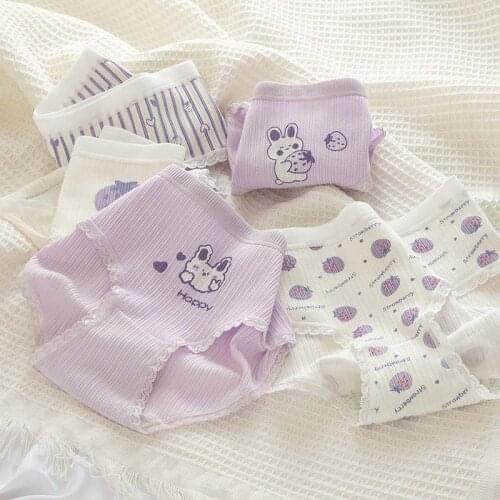 Sweet and Cute Style Purple Girl Cartoon Rabbit Panties Strawberry Pure Cotton Girl Mid-waist Breathable Comfortable Panties