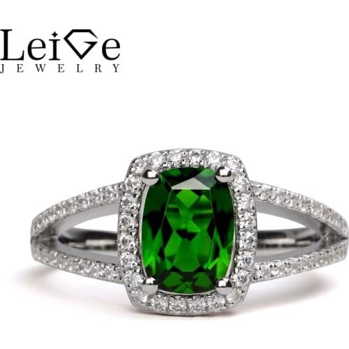 Leige Jewelry Chrome Diopside Ring 6*8mm Cushion Cut Gemstone Engagement Wedding Rings for Her Fine Jewelry Valentine Gifts