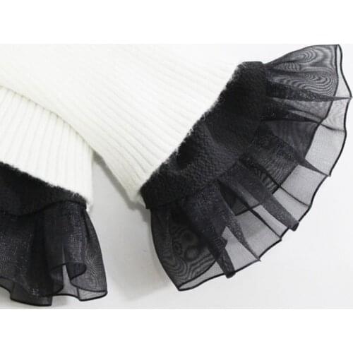 40GC Women Girls Vintage Knitted Elastic Sweater Fake Sleeves Pleated Ruffles Lace Patchwork Trim Detachable False Horn Cuff