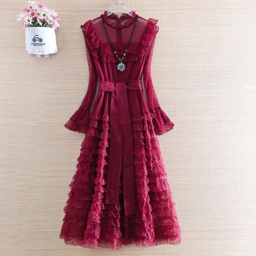 High-end Summer Princess Fan Women Dress Retro Elegant Lady Slim Layers Of Fungus Party Lace Dress Female S-XL