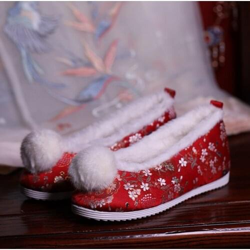 Womens Embroidery Floral Satin Silk Ankle Boots Hanfu Flats Fur Ball Shoes Chinese Styles Warm Winter 6Colors New 2020