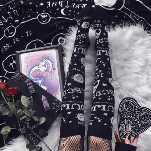 InsDoit Goth Long Socks Black Harajuku Streetwear Sun Moon Letter Print Stockings Women Thigh Intermediate Socks Party Stockings