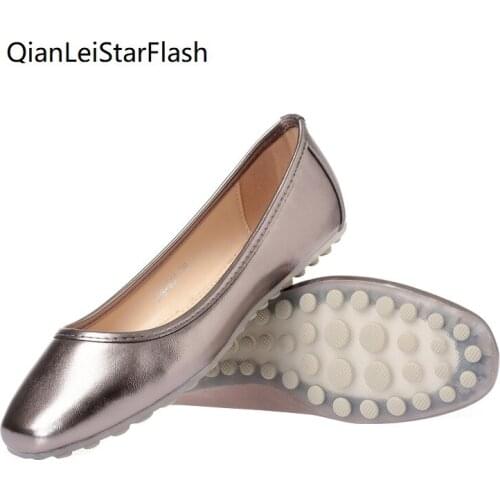 Doug Shoes Women Flat Heel Pu Leather Silver Gold Flats Office Lady Casual Shoes Moccasin-gommino 35-41 Slip on Loafers Moccasin