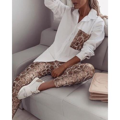 Women High Quality Snake Contrast Pocket Shirt & Snake Design Long Pant 2 Piece Set