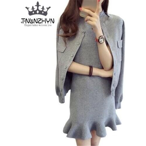 2019 Sping Fashion Sweet Knit Cardigan Long Fishtail Dress Two-piece Women Singe Breasted Knit Jacket + Vest Dress Suit A1147